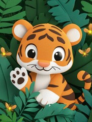 Cute baby tiger in foliage, fireflies. Cartoon style, bright colors, happy, waving paw
