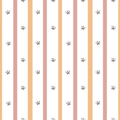 Graphic, seamless pattern, colored stripes in beige tones with animal paws. Paw prints. Simple design with black, gray and soft pink paws.