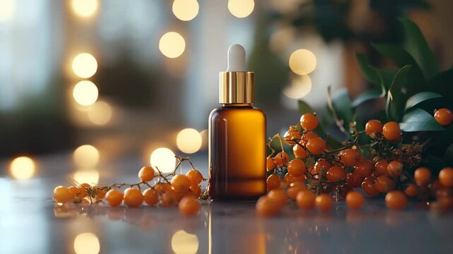 A bottle of perfume is on a table next to some berries. The bottle is clear and has a gold cap. The berries are orange and scattered around the bottle. The scene gives off a sense of relaxation