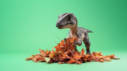 Naklejka premium Juvenile dinosaur amidst autumn leaves.