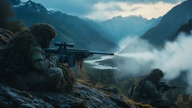 Elite Snipers Camouflaged in Mountainous Terrain on a Critical Tactical Operation