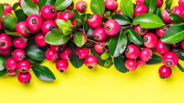 Vibrant riberry fruits with glossy leaves against a sunny yellow background