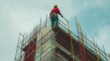 Fototapeta premium Construction worker stands atop scaffolding of unfinished building frame