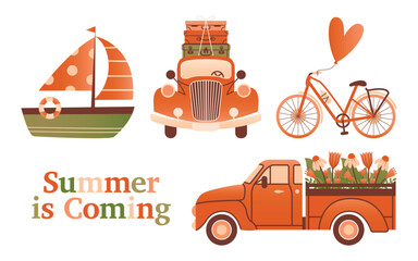 Set of different transport. Collection of vector isolated illustration. Flat Design. Clip arts with pickup truck full of summer flowers, bicycle, vintage red car, ship, text "Summer is Coming".