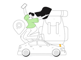 Flat vector concept operation hand drawn illustration of people taking a taxi
