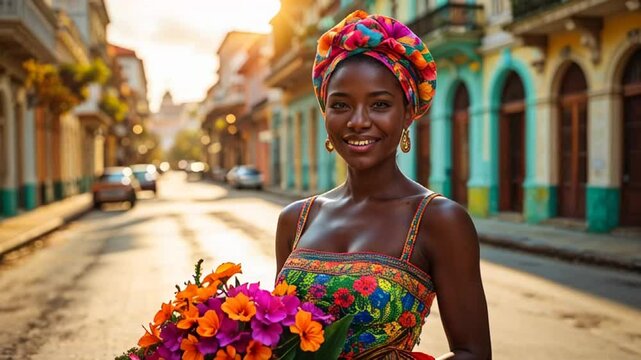 Portrait of a beautiful young cuban woman on the street with flowers

