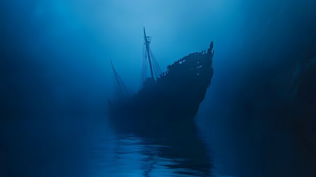 Sunken ship silhouette in deep blue ocean
