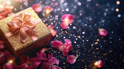 Fototapeta premium Glittery gift box resting on scattered orchid petals with spotlight