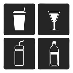 Coffee cup icon set with various drink symbols including coffee, tea, wine, beer, and cocktails in a vector design