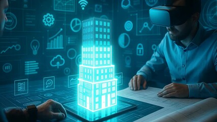 Person Wearing VR Glasses Designing Virtual Building Model with Digital Data Analytics
- Powered by Adobe