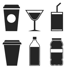 Coffee cup icon set with various drink symbols including coffee, tea, wine, beer, and cocktails in a vector design