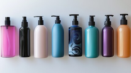 Hair care products in sleek bottles arranged symmetrically on white background