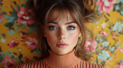 Vintage fashion captures a woman in a 1960s striped outfit with a retro hairstyle and makeup against a floral backdrop