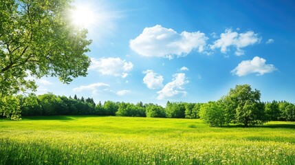 Obraz premium A illustrator nature serene landscape background with a winding path through lush green hills, dotted with wildflowers, under a dramatic sky, capturing nature's tranquil beauty and inviting adventure