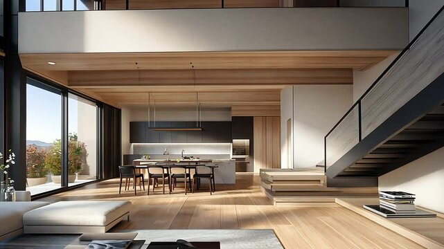 Modern luxury home interior with open plan, wood accents, and natural light
