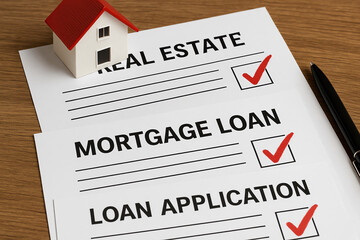 A close-up view of mortgage documents, including real estate and loan application forms, highlighted by a miniature house and a pen