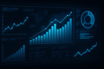 Naklejka premium A sleek, modern digital dashboard displaying various data metrics, including graphs and pie charts. This futuristic interface represents advanced analytics for business insights.