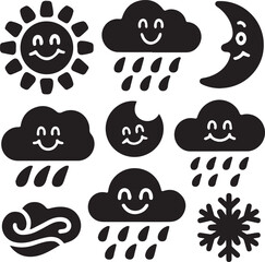 Black And White Weather Icon Set Smiling Sun Clouds Rain Moon And Snowflake