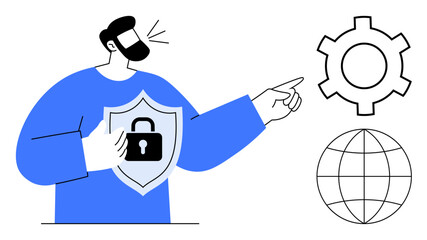 Man holding a shield with a lock, pointing at a gear and globe. Ideal for cybersecurity, data protection, digital safety, IT solutions, global technology, secure systems, simple landing page