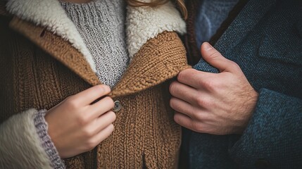 Couple in Warm Clothing, Close-up of Hands and Coats