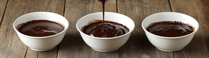 Melted Chocolate Bowls Wooden Table.