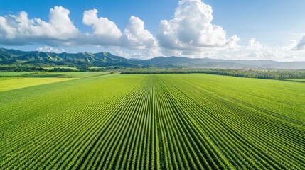 Fototapeta premium Aerial view of lush sugarcane field in rural countryside, organized in neat rows ready for harvest