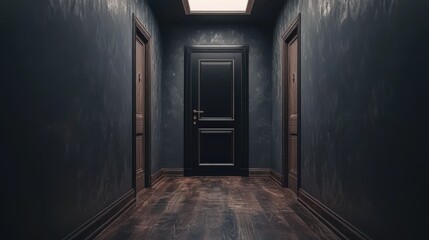 Dim hallway with doors, textured walls, and wood floors under soft light
