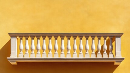 Architectural close-up of ornate balcony railings on yellow facade with shadows