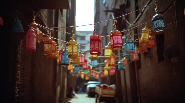 Colorful lanterns hang across a narrow alley, casting warm glows on brick walls, creating a vibrant and festive atmosphere.