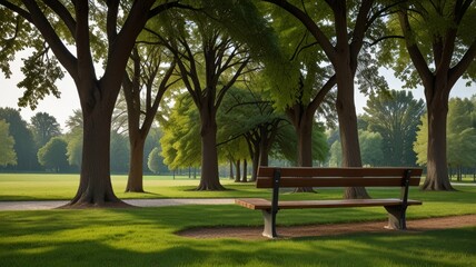 Symmetrical park scene with two trees. Bench in front of green trees. Natural outdoor decor, relaxing nature landscape.
