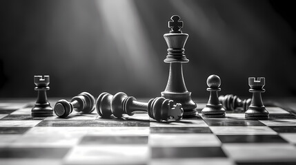 Chess Game in Monochrome: The game of chess with a single piece standing amidst fallen pieces on a chessboard in black and white
