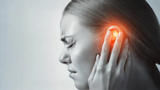 A woman holding her ear in pain against a grayscale background, showing signs of discomfort and distress, Ear pain, Earache, Ear infection, Otalgia