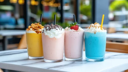 Fototapete Rund Assorted healthy shakes in pastel colors with organic toppings on an outdoor table © savittree
