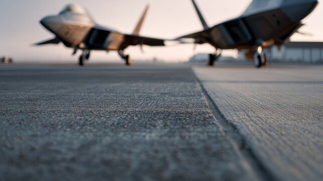 Two jet fighters stand poised on a runway at dawn, the sky's warm hues reflecting on their sleek surfaces, ready for a new mission.