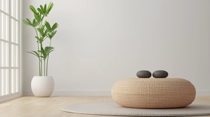 Balancing Yin and Yang in Feng Shui. Serene Meditation Space with Stones, Plants, and Soft Textures for Balance and Harmony,3D rendering
