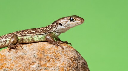 Fototapeta premium Close-up of a lizard perched on a rock against a lime green backdrop.