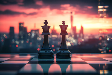 Strategy on the Skyline: Chess pieces, the King and Queen, are prominently displayed against a dramatic urban landscape, symbolizing strategic thinking and power dynamics.