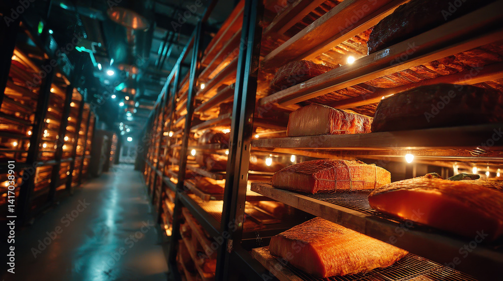 Leinwandbilder dimly lit room filled with shelves of cured meats showcases automated process controlled by AI algorithms. atmosphere is industrial and efficient, highlighting modern technology food production