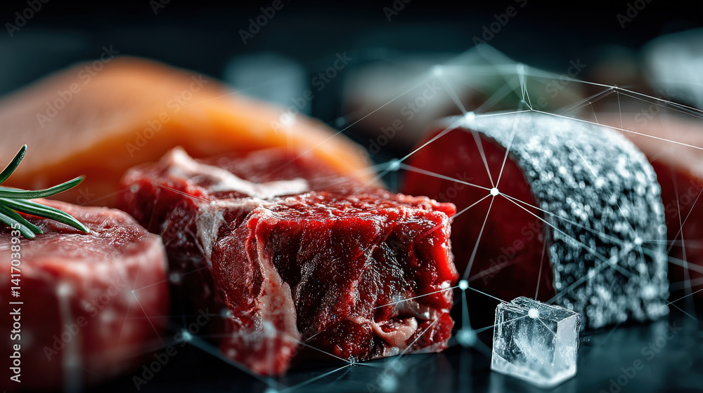 Poster variety of fresh meat cuts, including beef and fish, are displayed with digital network overlay, sym