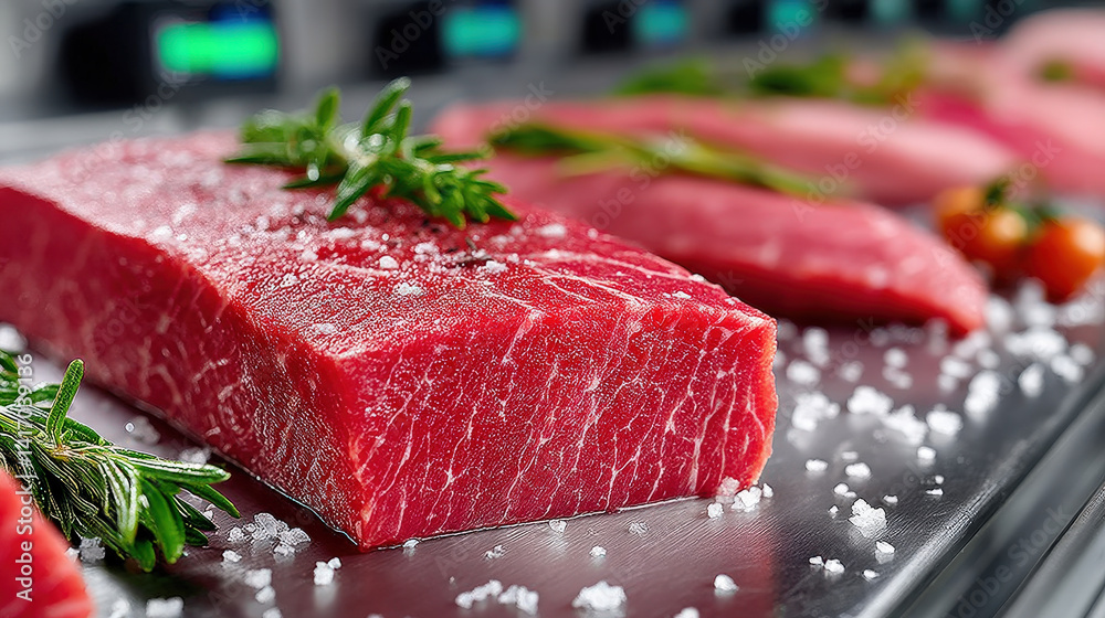 Poster fresh raw meat on metal tray is garnished with rosemary and coarse salt, creating appetizing display