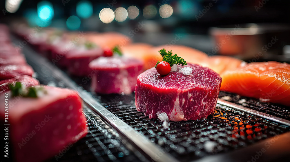 Aufkleber fresh cuts of raw meat and fish are displayed on grill, garnished with herbs and berries, under brig