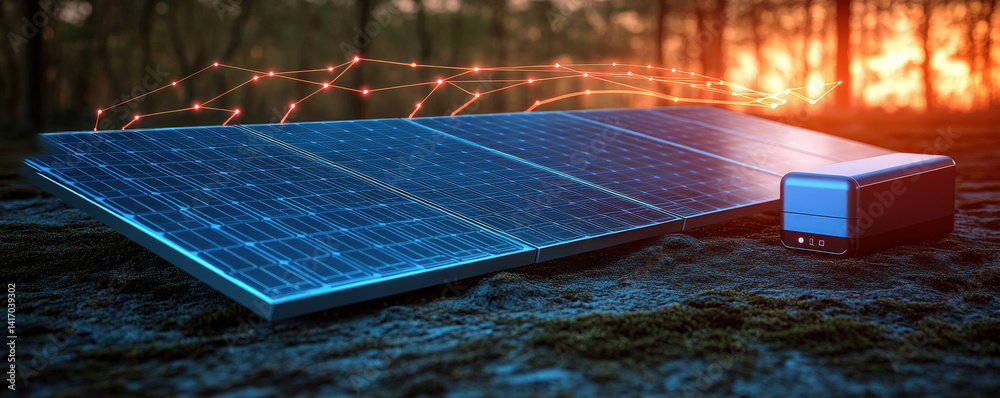 Aufkleber minimalist solar panel is connected to power bank in serene forest setting, capturing essence of sustainable energy. scene is enhanced by digital network overlay