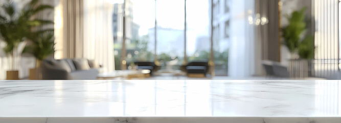 Fototapeta premium Marble Tabletop with City View: Luxurious marble tabletop with a blurred city view in the background, showcasing a modern and sophisticated interior design. 