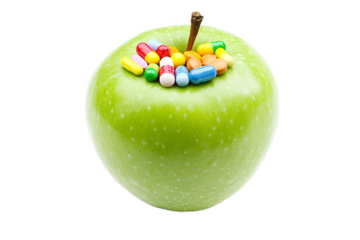 A vibrant green apple topped with colorful pills representing the delicate balance between nature and medicine in a simple, clean studio shot.