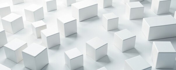 Randomly arranged white cube boxes in a grid-like formation with empty spaces and varied alignments , white, grid, space