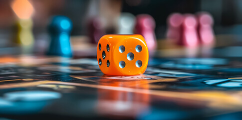 Orange Dice on Board Game: A close-up shot of a vibrant orange six-sided die resting on a board game, the blurred background hinting at a lively game in progress.
