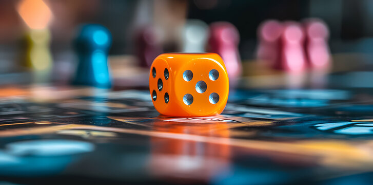 Orange Dice on Board Game: A close-up shot of a vibrant orange six-sided die resting on a board game, the blurred background hinting at a lively game in progress.