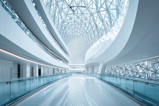 Sleek futuristic interior of a modern atrium with geometric glass roof.

