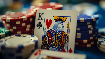 Fototapeta premium King of Hearts: A close-up shot captures the iconic King of Hearts card amidst a collection of colorful casino chips, evoking the thrill and suspense of a poker game.
