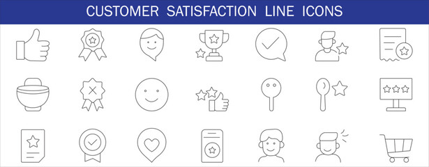Minimal line icons representing customer satisfaction, including ratings, reviews, feedback, loyalty, support, and experience—perfect for UX, apps, websites, and marketing.
